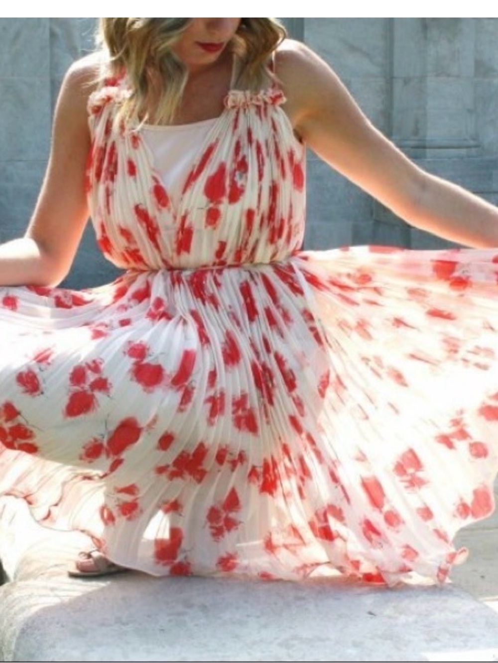 MM Couture White Pleated Midi Dress with pink/Red Floral Print